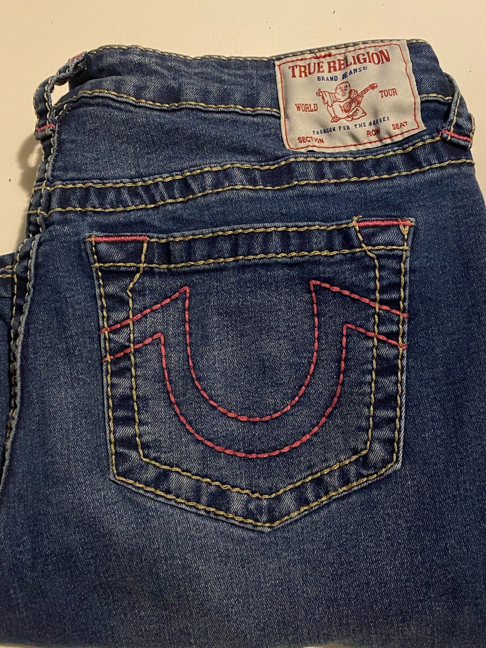 True Religion Women's Dark Blue Flare Jeans with Pink Stitching